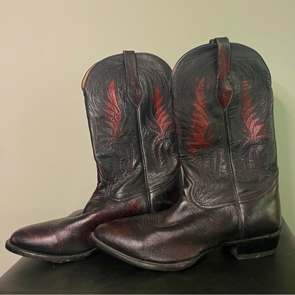 Men’s Corral Vintage Distressed Leather Cowboy Boots, Dark Brown/Black/Red 10.5